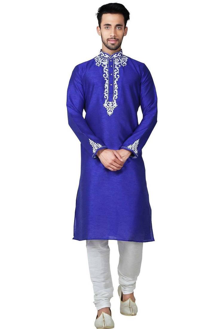 Royal blue art silk mens  kurta with churidar set