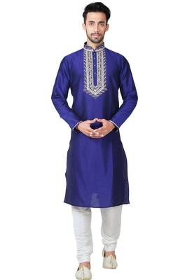 Blue art silk mens  kurta with churidar set 1
