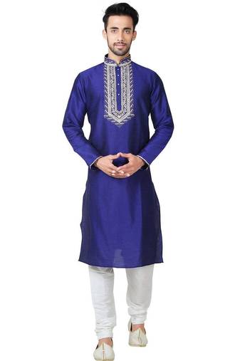 Blue art silk mens  kurta with churidar set