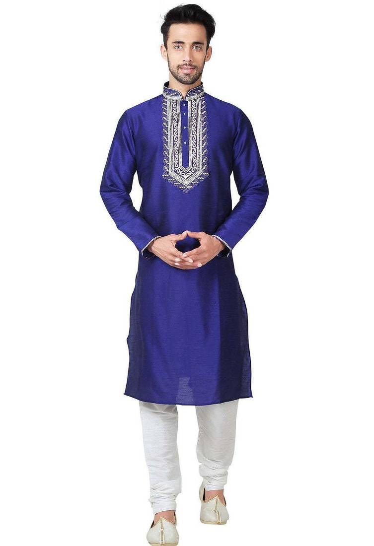 Blue art silk mens  kurta with churidar set