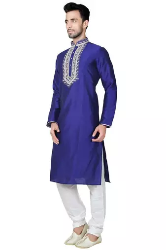 Blue art silk mens  kurta with churidar set