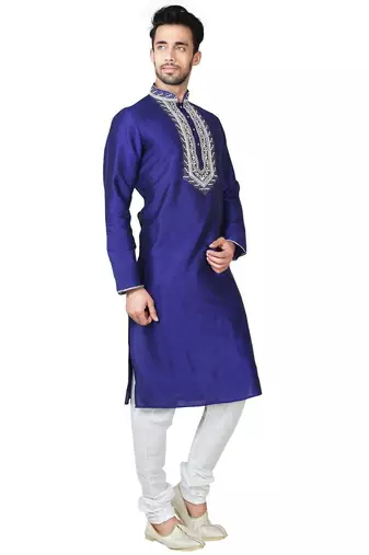 Blue art silk mens  kurta with churidar set