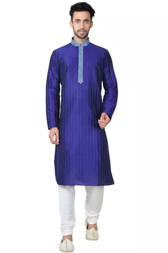 Blue art silk mens  kurta with churidar set