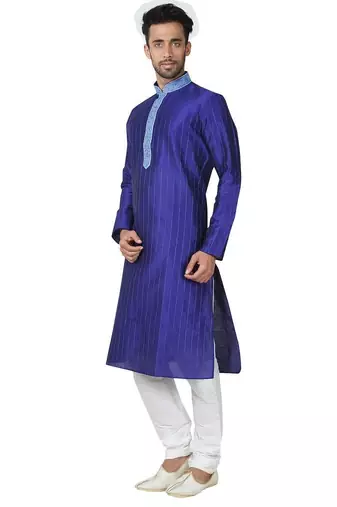 Blue art silk mens  kurta with churidar set