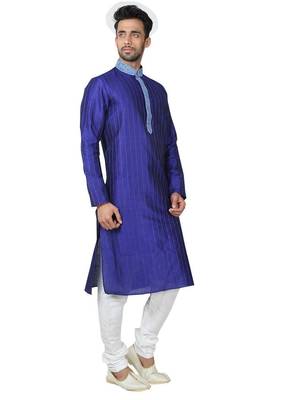 Blue art silk mens  kurta with churidar set 3