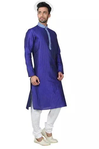 Blue art silk mens  kurta with churidar set