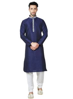Navy blue art silk mens  kurta with churidar set 1