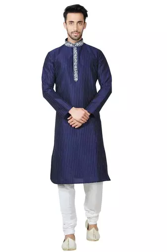 Navy blue art silk mens  kurta with churidar set
