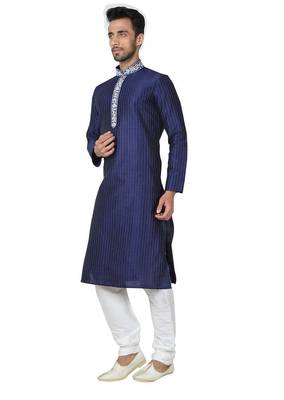 Navy blue art silk mens  kurta with churidar set 2