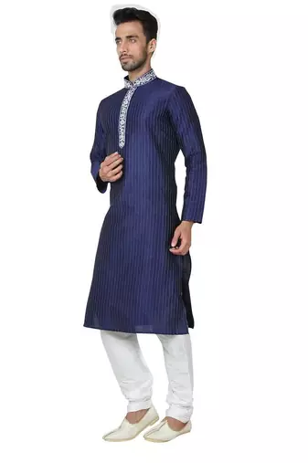 Navy blue art silk mens  kurta with churidar set