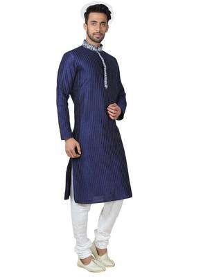 Navy blue art silk mens  kurta with churidar set 3