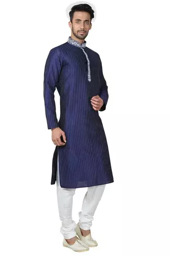 Navy blue art silk mens  kurta with churidar set
