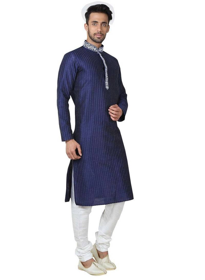 Navy blue art silk mens  kurta with churidar set