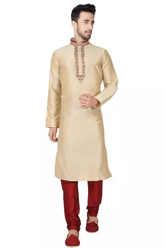 Gold art silk mens  kurta with churidar set