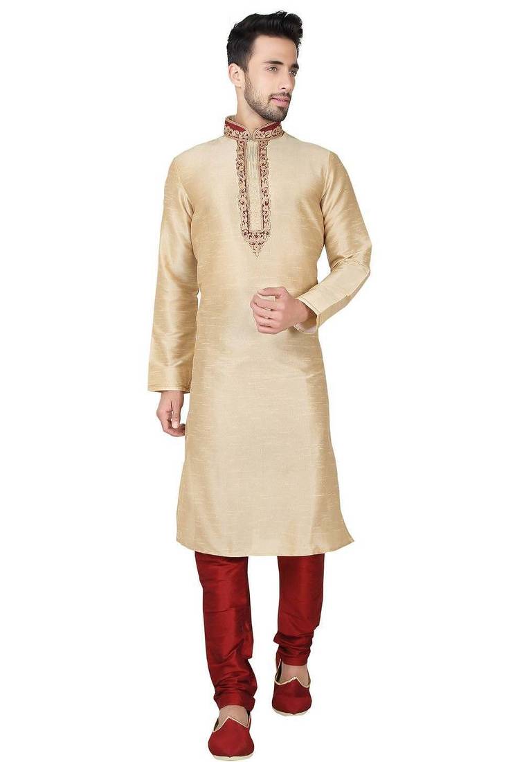 Gold art silk mens  kurta with churidar set