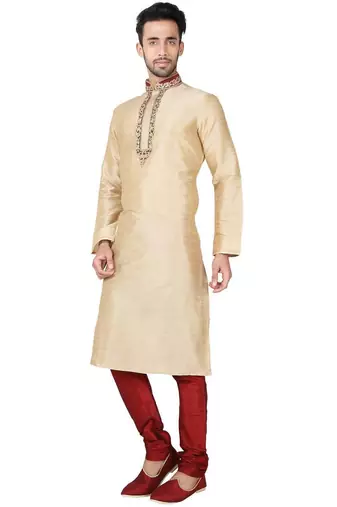 Gold art silk mens  kurta with churidar set