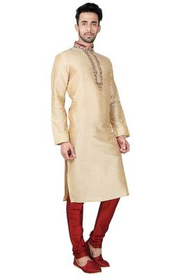 Gold art silk mens  kurta with churidar set 3