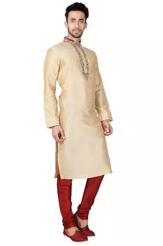 Gold art silk mens  kurta with churidar set