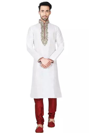 White art silk mens  kurta with churidar set