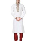 White art silk mens  kurta with churidar set