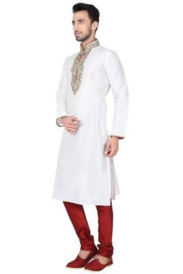 White art silk mens  kurta with churidar set 2