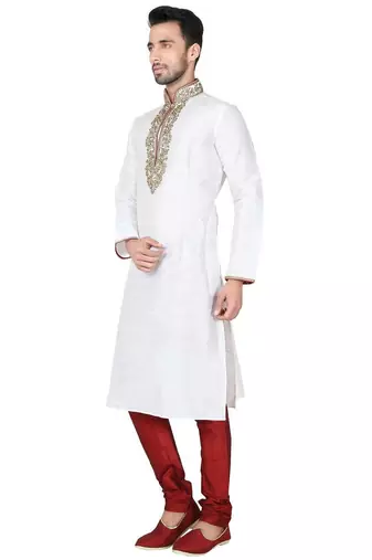 White art silk mens  kurta with churidar set