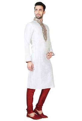 White art silk mens  kurta with churidar set 3