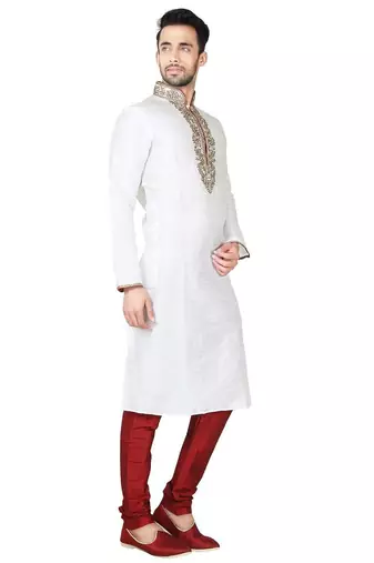 White art silk mens  kurta with churidar set
