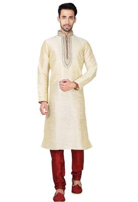 Fawn  art silk mens  kurta with churidar set 1
