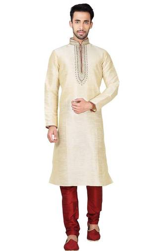 Fawn  art silk mens  kurta with churidar set