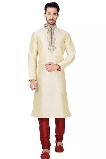 Fawn  art silk mens  kurta with churidar set