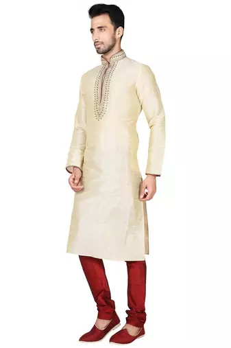 Fawn  art silk mens  kurta with churidar set