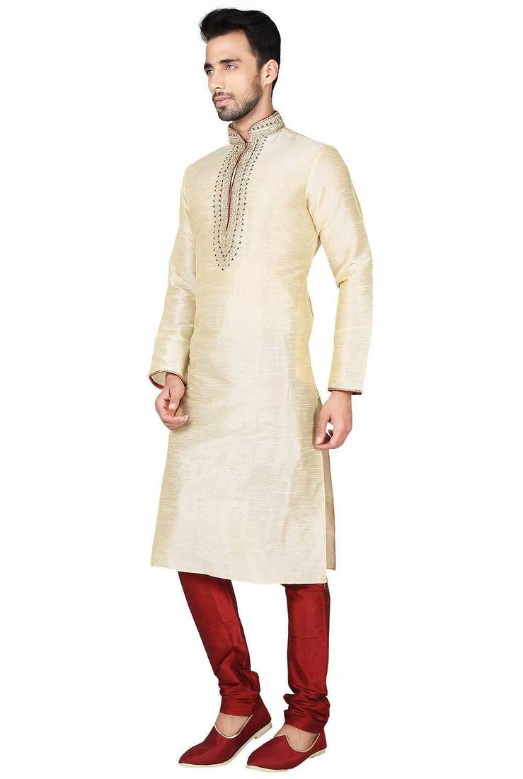 Fawn  art silk mens  kurta with churidar set