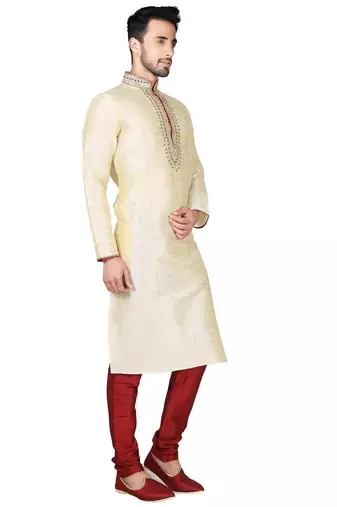 Fawn  art silk mens  kurta with churidar set