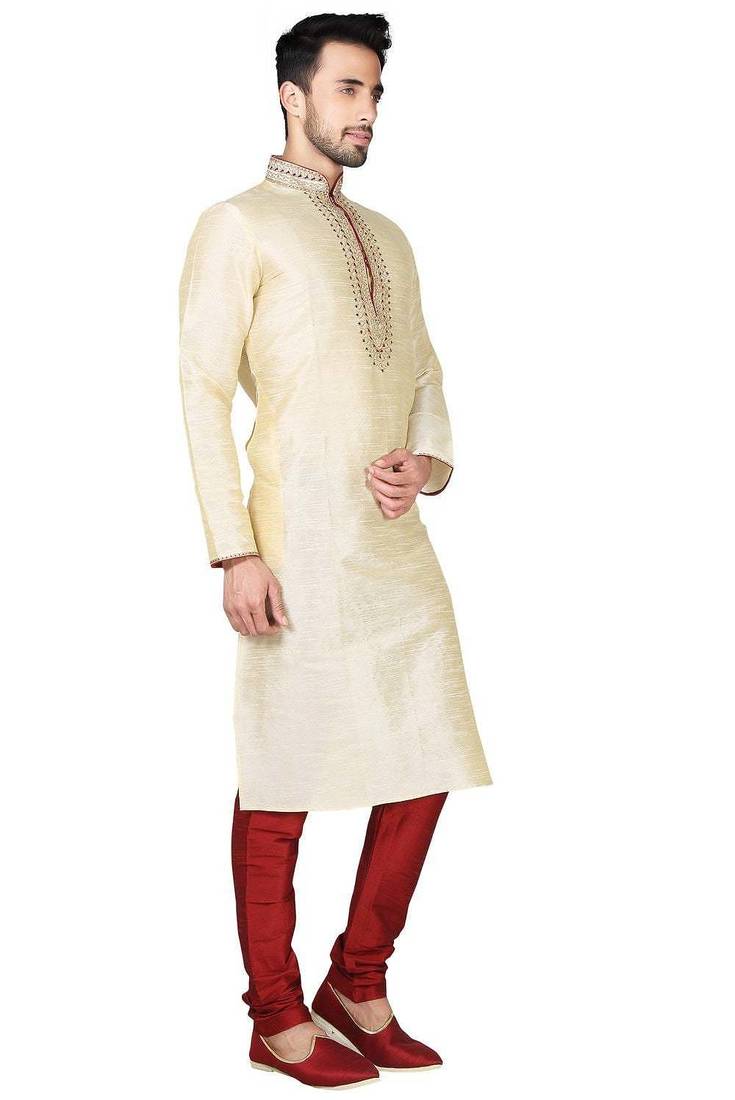 Fawn  art silk mens  kurta with churidar set