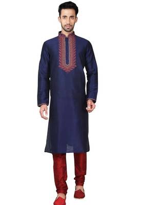 Navy blue art silk mens  kurta with churidar set 1
