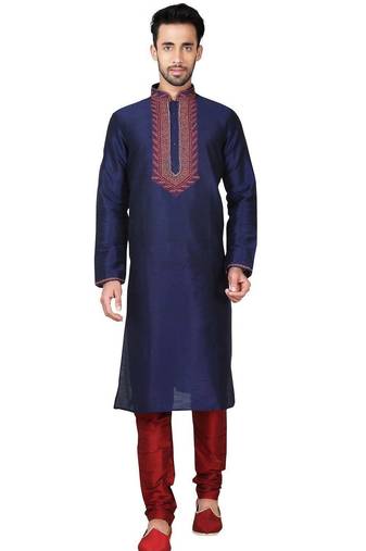 Navy blue art silk mens  kurta with churidar set