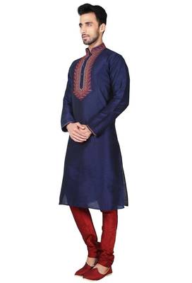 Navy blue art silk mens  kurta with churidar set 2