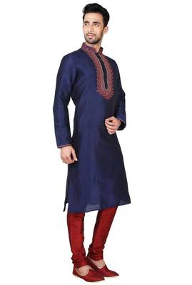 Navy blue art silk mens  kurta with churidar set 3