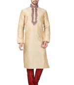 Gold art silk mens  kurta with churidar set