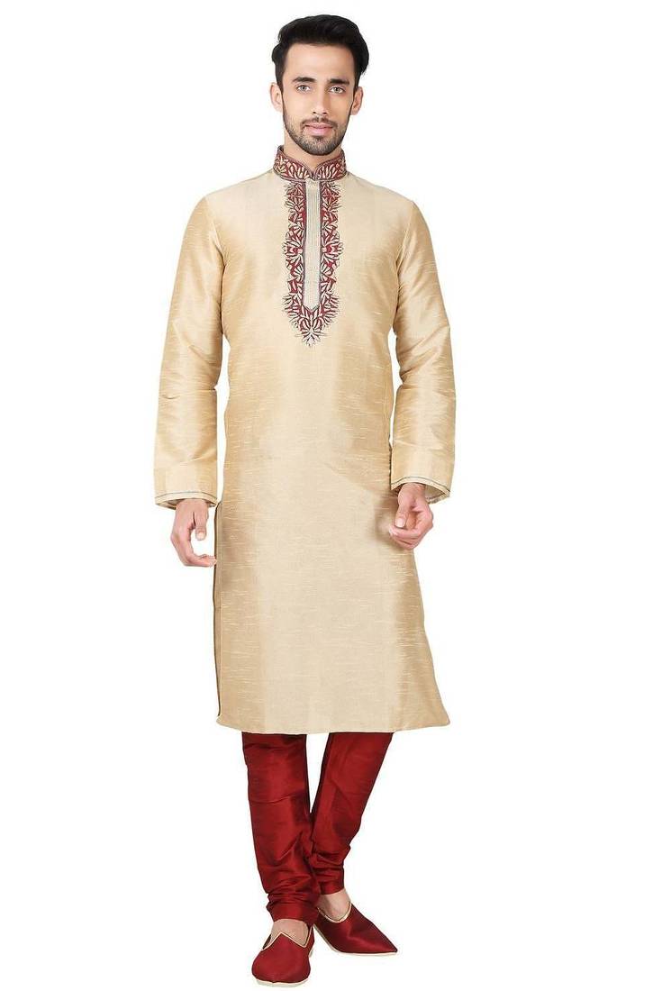 Gold art silk mens  kurta with churidar set