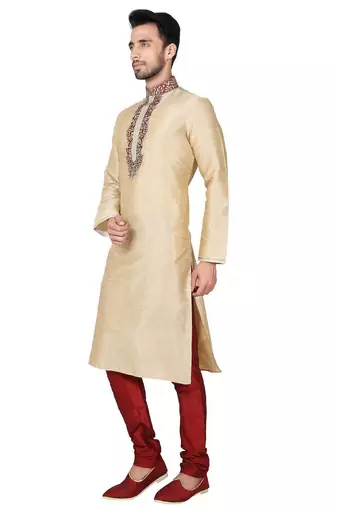 Gold art silk mens  kurta with churidar set