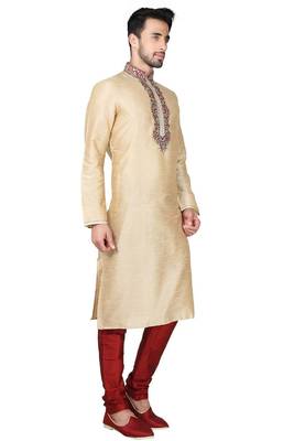 Gold art silk mens  kurta with churidar set 3