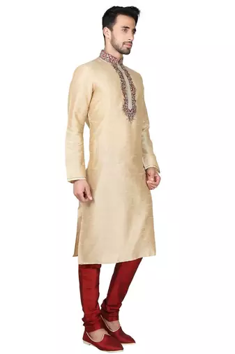 Gold art silk mens  kurta with churidar set