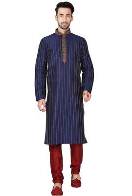 Navy blue art silk mens  kurta with churidar set 1