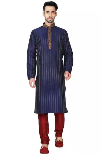 Navy blue art silk mens  kurta with churidar set