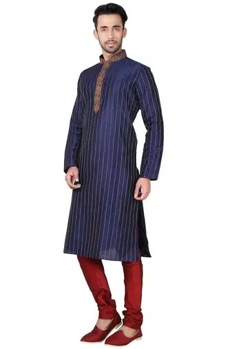 Navy blue art silk mens  kurta with churidar set