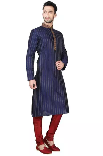 Navy blue art silk mens  kurta with churidar set