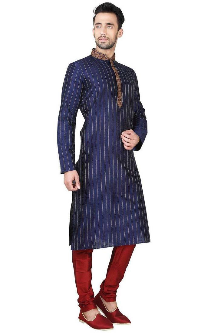 Navy blue art silk mens  kurta with churidar set
