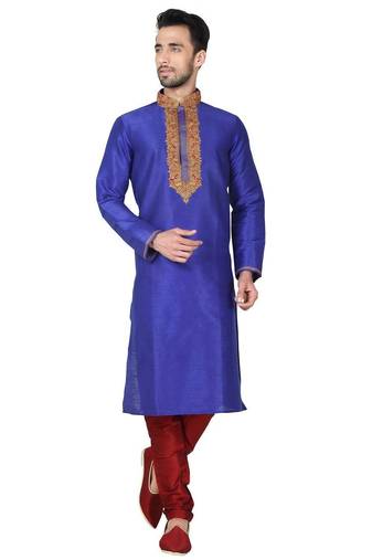 Royal blue art silk mens  kurta with churidar set